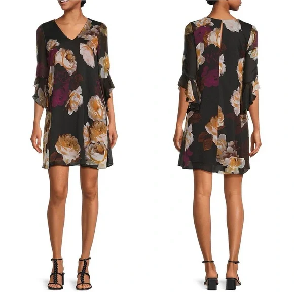 Calvin Klein V-Neck 3/4 Sleeve Crinkled Chiffon Floral Shift Dress Size 8 - Picture 1 of 7